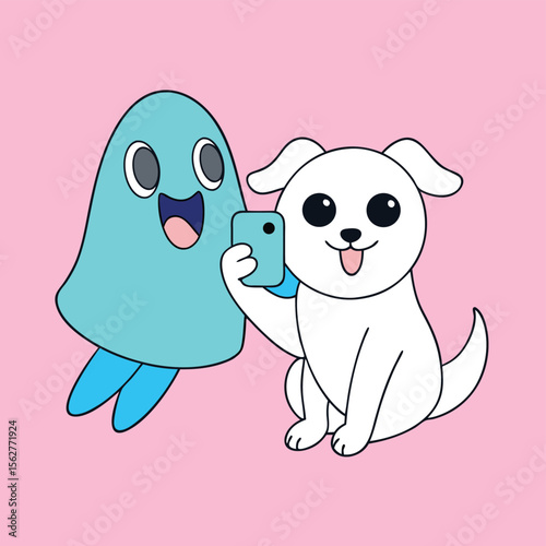 Cute cartoon dog and ghost selfie