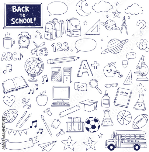 School vector doodles. Set of vector drawings of school icons on transparent background. EPS 10 version.