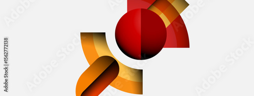 Abstract shapes, warm colors dominate composition. Red sphere intersects curved orange elements. Minimalist design, modern aesthetic.