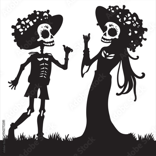 classic black and white vector silhouette Dia de Muertos, isolated on white background.  