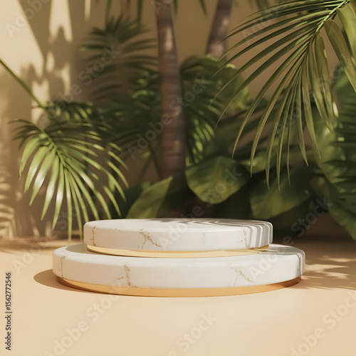Elegant two tiered marble display stand with tropical palm leaves and soft lighting