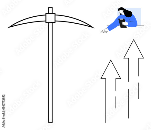 Mining pickaxe, woman analyzing data on a tablet, upward arrows symbolizing growth, progress, and development. Ideal for mining, analytics, business growth, tools innovation strategy simple