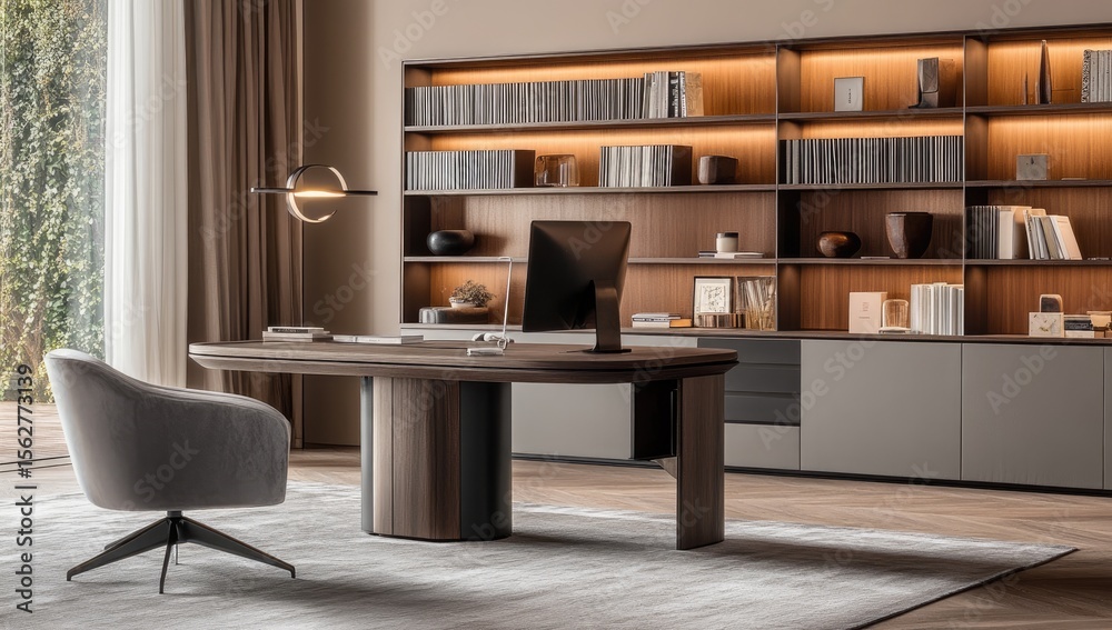 Modern, minimalist office space with wooden desk and bookshelves Modern, minimalist office space with wooden desk and bookshelves