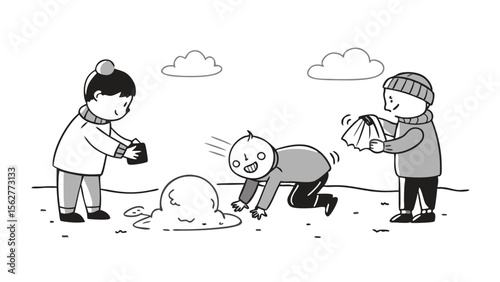 Three children playing in the snow throwing snowballs and building a snowman in a winter landscape scene