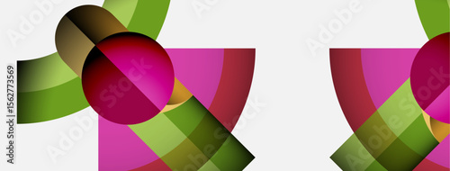 Abstract composition features overlapping colorful shapes. Pink, green, red hues create dynamic visual effect. Modern design.