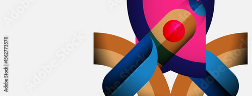Abstract ribbons intertwine, forming dynamic floral shape. Vivid colors create modern, artistic composition. Clean background emphasizes central design.