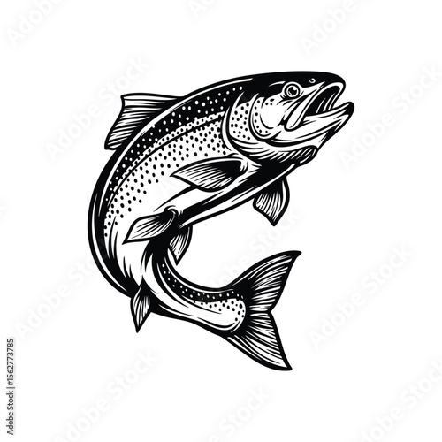 Trout Fish Vector, Jumping Trout Clipart, Fly Fishing Illustration, Black and White Fish Drawing, Freshwater Trout Silhouette