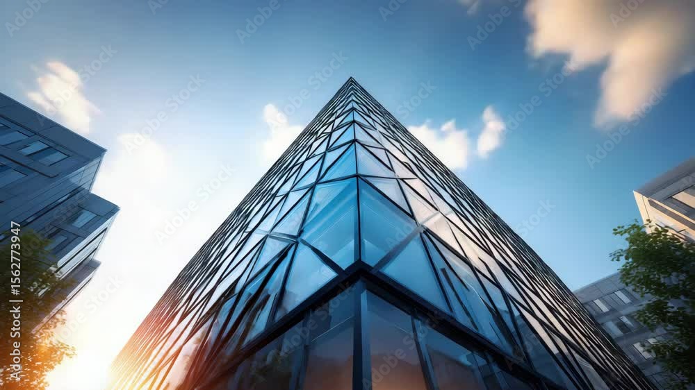 Modern glass office building with geometric architecture reflecting blue sky and clouds, urban cityscape, contemporary design, sunlight, dynamic perspective, reflective windows, inspiring atmosphere