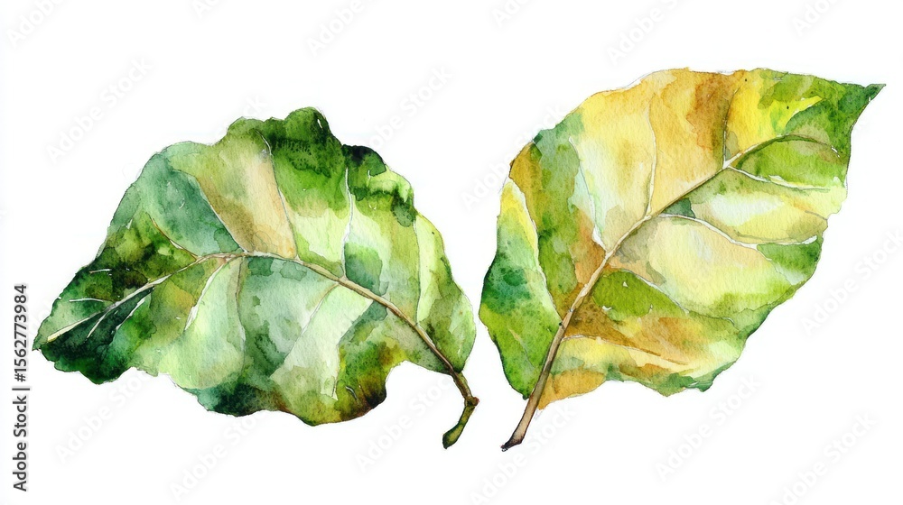 Naklejka premium Two green leaves with yellow edges, one with a brown stem, against a white background.