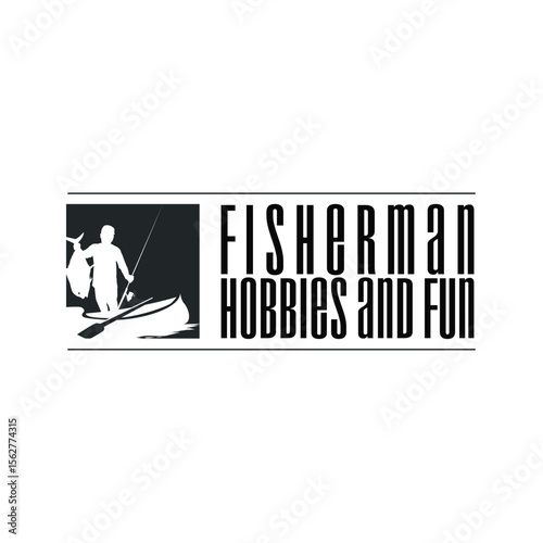 Angler Fishing Logo, Simple Outdoor Fishing Man Silhouette Template Design