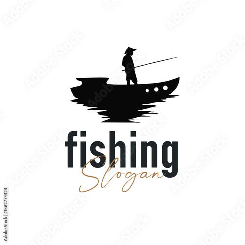 Angler Fishing Logo, Simple Outdoor Fishing Man Silhouette Template Design