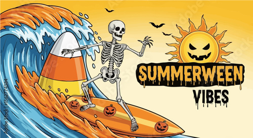 Halloween-themed summer skeleton surfing candy corn wave with jack-o-lanterns and creepy sun background
