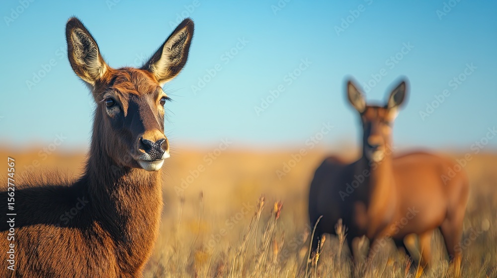 Fototapeta premium Red deer grassland portrait with sunset.
