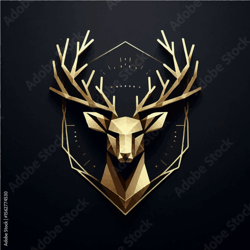 Minimalist Geometric Deer Head Logo with Golden Highlights on Matte Black