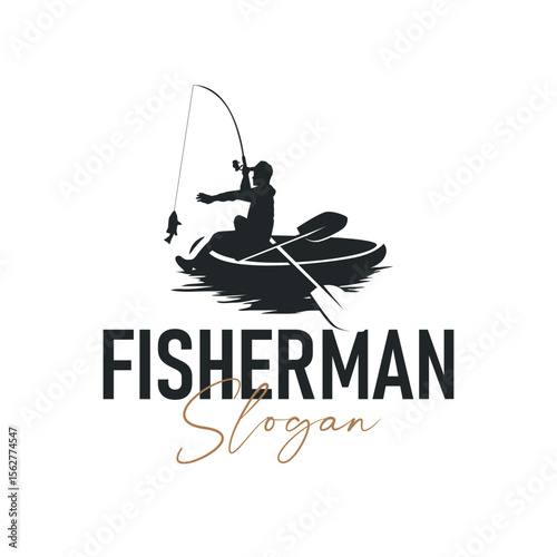 Angler Fishing Logo, Simple Outdoor Fishing Man Silhouette Template Design