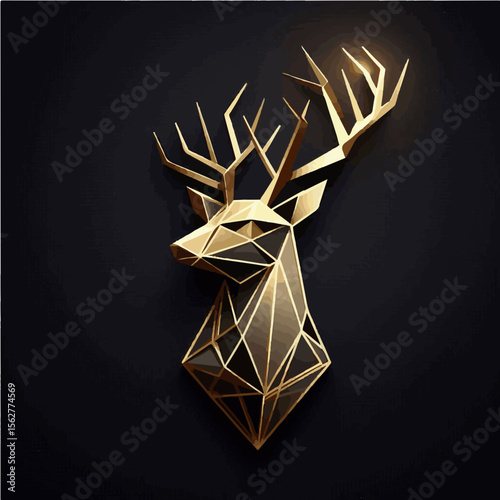 Minimalist Geometric Deer Head Logo with Golden Highlights on Matte Black