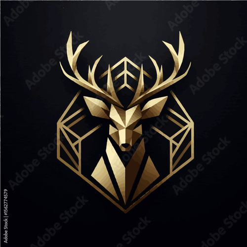 Minimalist Geometric Deer Head Logo with Golden Highlights on Matte Black