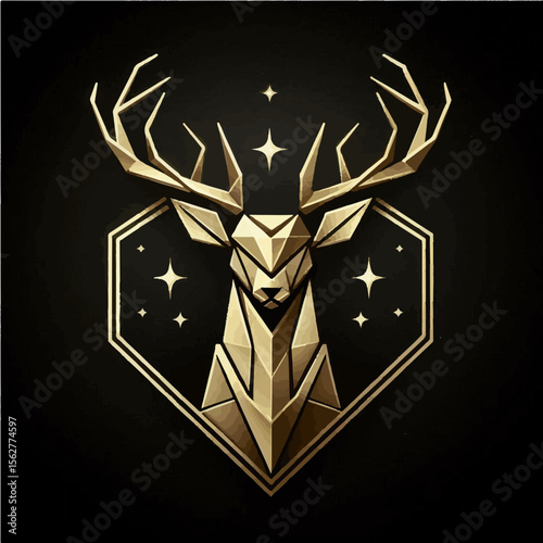 Minimalist Geometric Deer Head Logo with Golden Highlights on Matte Black