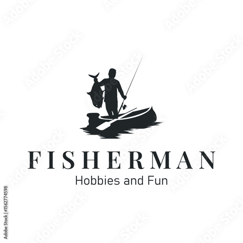 Angler Fishing Logo, Simple Outdoor Fishing Man Silhouette Template Design