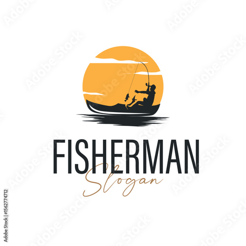 Angler Fishing Logo, Simple Outdoor Fishing Man Silhouette Template Design