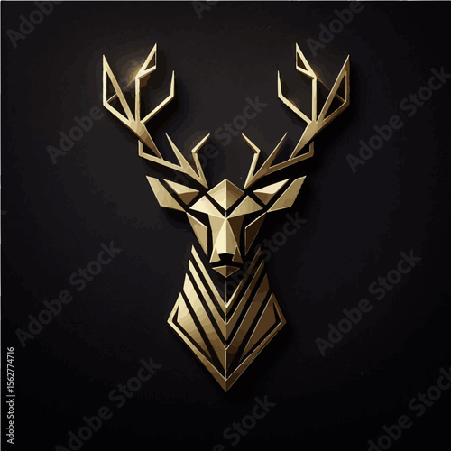 Minimalist Geometric Deer Head Logo with Golden Highlights on Matte Black