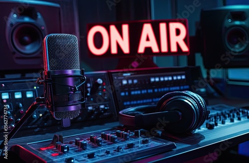 Professional radio studio workspace, illuminated with vibrant neon colors.  Microphone, headphones, audio equipment, and a 