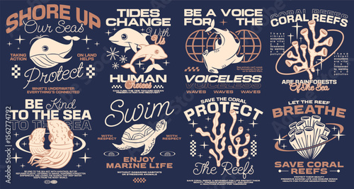 Sea Life poster quotes design for print, Retro ocean environment t-shirt design,  Sea animal conservation graphic
