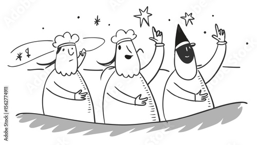 Three magi following a star in a boat on the sea with stars and symbols in the night sky above them