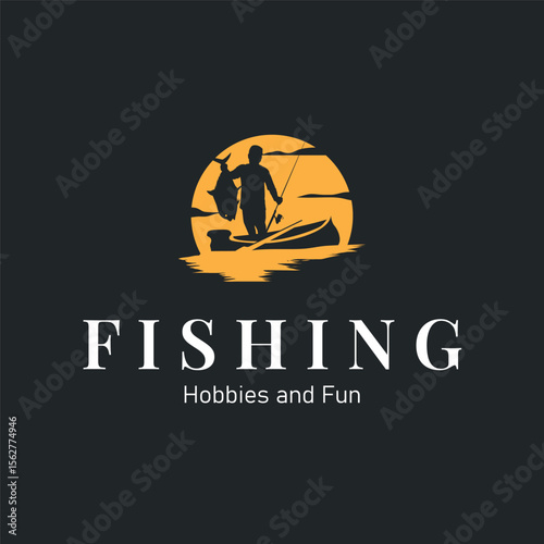 Angler Fishing Logo, Simple Outdoor Fishing Man Silhouette Template Design