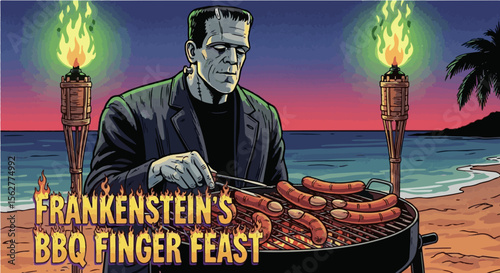 Frankenstein grilling spooky sausages shaped like fingers on a tropical beach BBQ at sunset