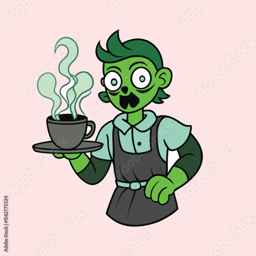 Cartoon zombie barista holding steaming coffee cup illustration