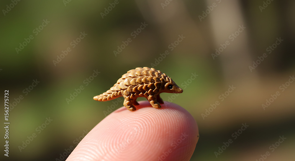 Fototapeta premium Tiny Pangolin Figurine Balanced on a Finger