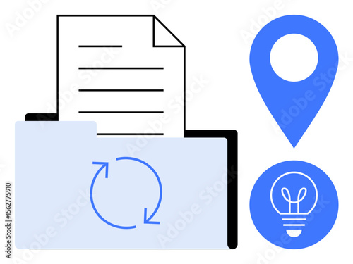 Open file folder with document featuring sync icon, nearby blue location pin and light bulb icon. Ideal for organization, ideas, storage, navigation, technology, productivity, simple landing page