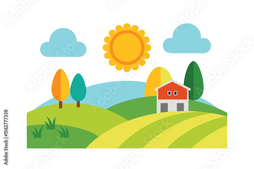 Farmhouse on Rolling Hills: Idyllic countryside scene featuring a charming red farmhouse nestled amongst gently rolling green hills, under a bright sunny sky.