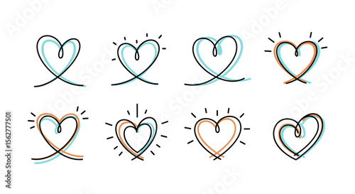 Collection of abstract heart shapes with stylized outline and embellishments