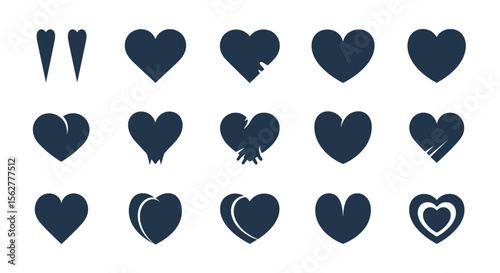 Collection of unique stylized heart illustrations with distressed and textured effects for romantic design projects