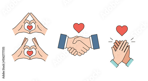 Illustrations showcasing gestures of love appreciation and partnership with hearts symbolizing affection and support