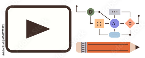 Play button, pencil, and AI flowchart representing video production, creative tools, automation, innovation, technology, content creation and design workflows. Ideal for creativity design AI