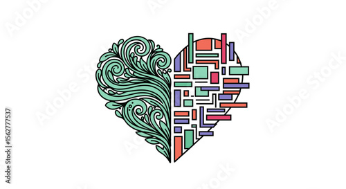 A heart divided into two distinct sides showing contrasting styles of artistry and design