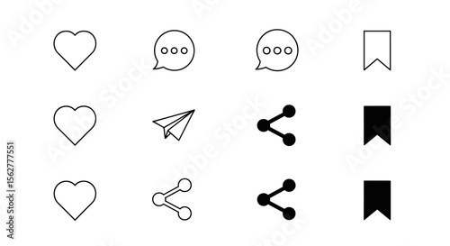 Collection of social media interface icons for digital engagement and content sharing functions