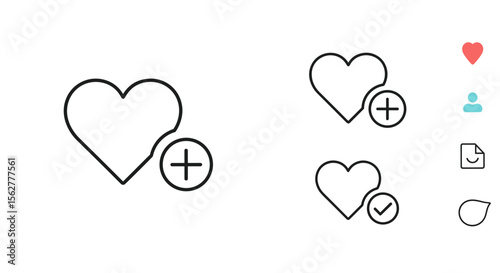 Collection of heart icons with plus and checkmark symbols for user interface design elements