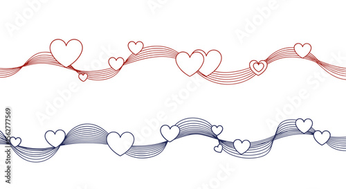 Romantic wavy lines with red and blue hearts adorning decorative elements