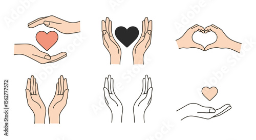 Illustrations of open hands offering support and care creating heart shapes and holding symbolic objects for generosity and love