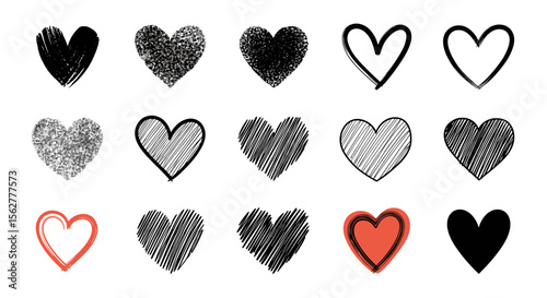 Collection of hand drawn hearts showing different textures and colors for romantic themes and designs