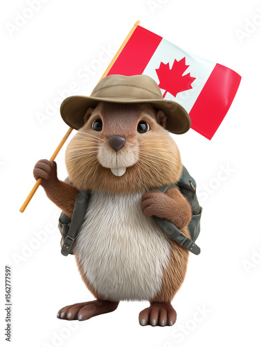 Beaver Explorer Holding Canada Flag 3D Style Isolated on Transparent Background PNG
