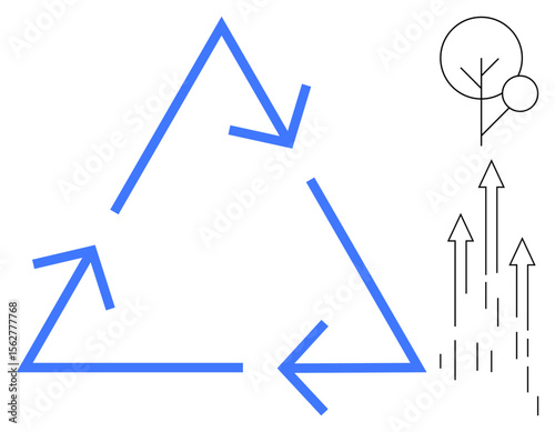 Blue recycling triangle with circular arrows, abstract tree sketch, and upward growth arrows. Ideal for sustainability, recycling, eco-consciousness, environmental responsibility, growth, progress