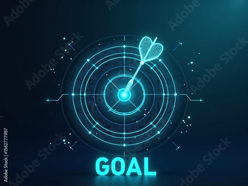 Goal achievement and business success concept with digital dart hitting target center, futuristic glowing blue bullseye