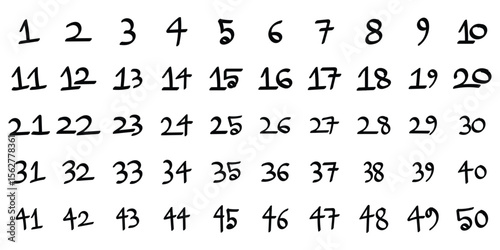 Handwritten Numbers 1–50 Chart. Playful Handwritten Number Grid (1–50). Educational Number Display: 1 to 50 in Handwritten Style. eps 10
