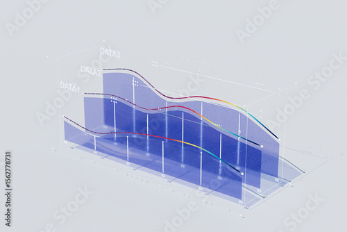  3D render of layered data graph in transparent blue volume
