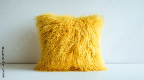 Fluffy yellow throw pillow placed on a white surface. Great for furniture styling, home accessories, and color-themed decor photos.